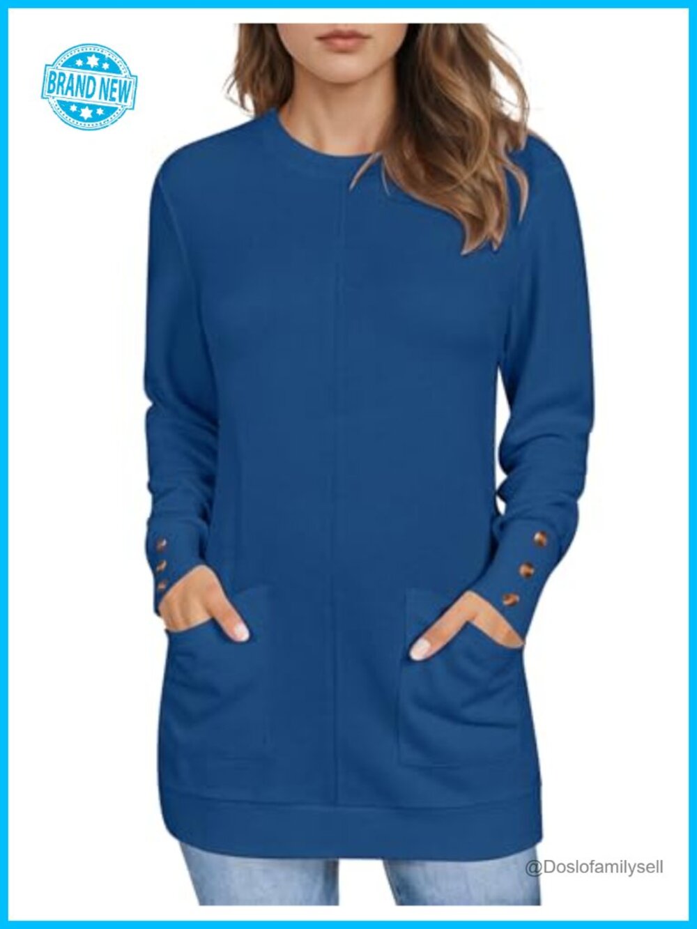 Loose Fit Long Sleeve Tunic Top with Pockets Crew Neck Casual Shirt